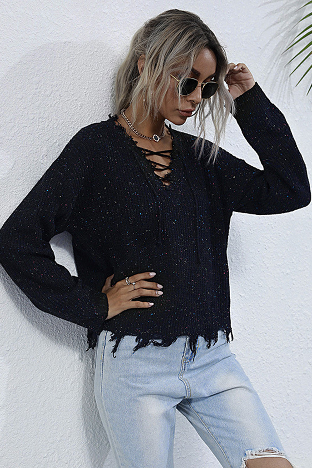 Long Sleeve Knit Loose V-neck Sweater