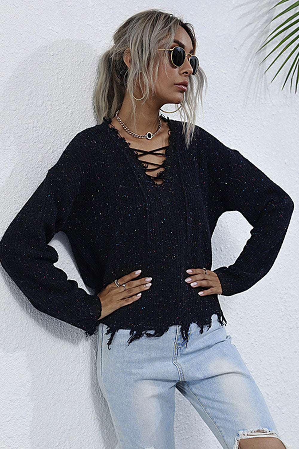 Long Sleeve Knit Loose V-neck Sweater