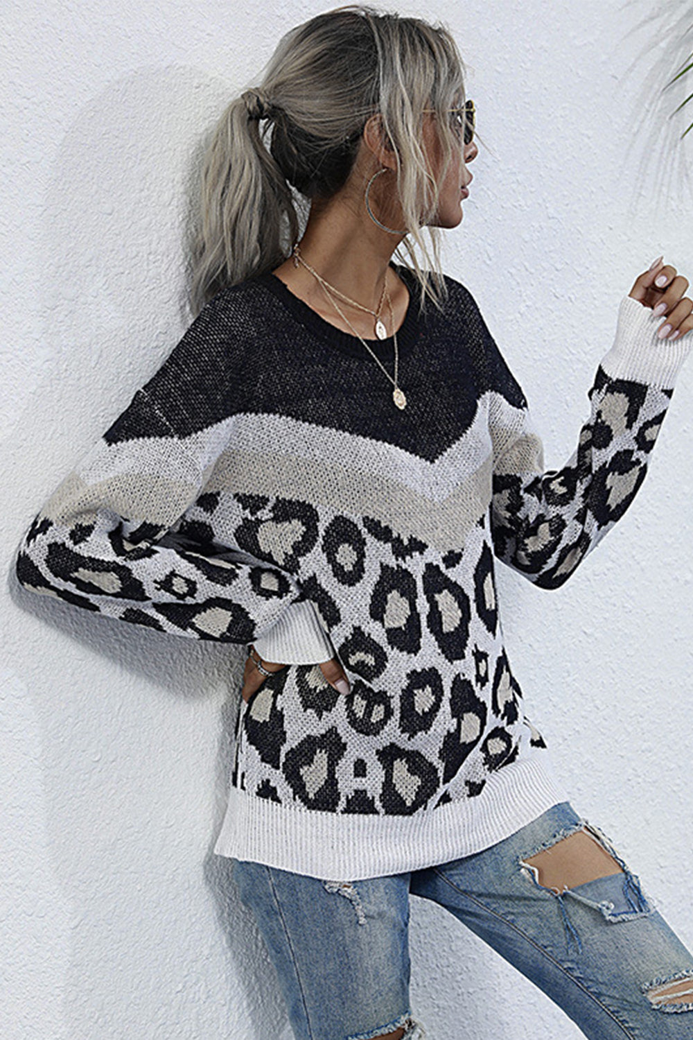 Leopard Print Stitching Long-sleeved Sweater