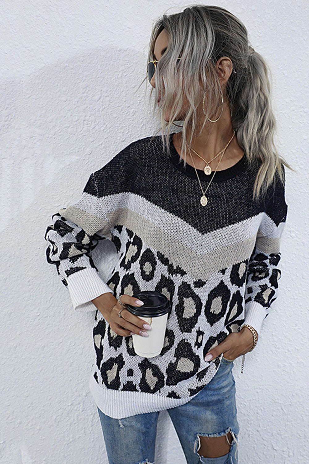 Leopard Print Stitching Long-sleeved Sweater