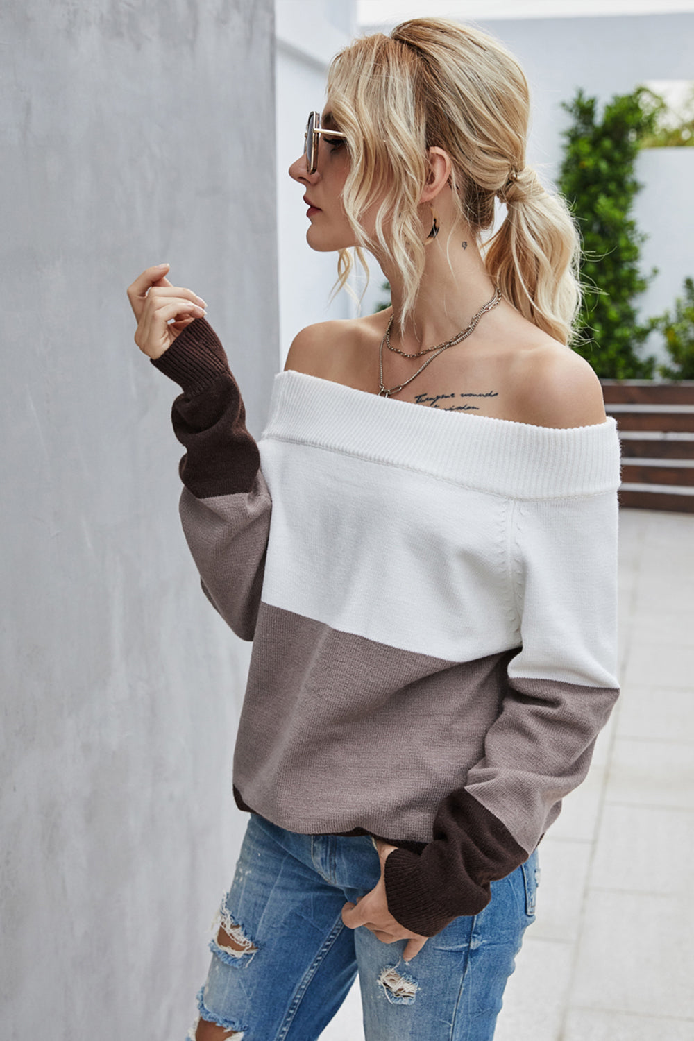Off The Shoulder Color Block Sweater