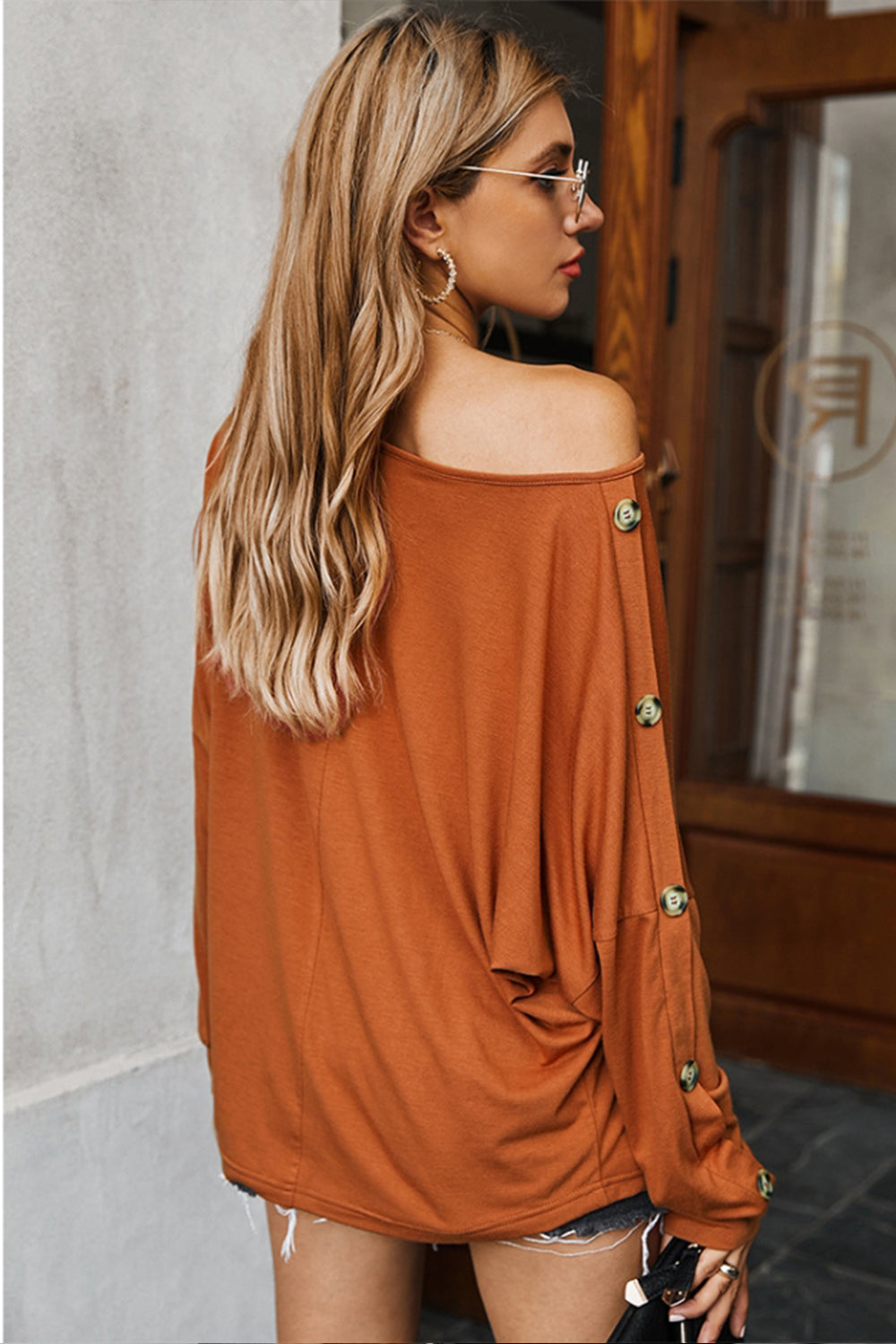 Off Shoulder Button Solid T-shirt