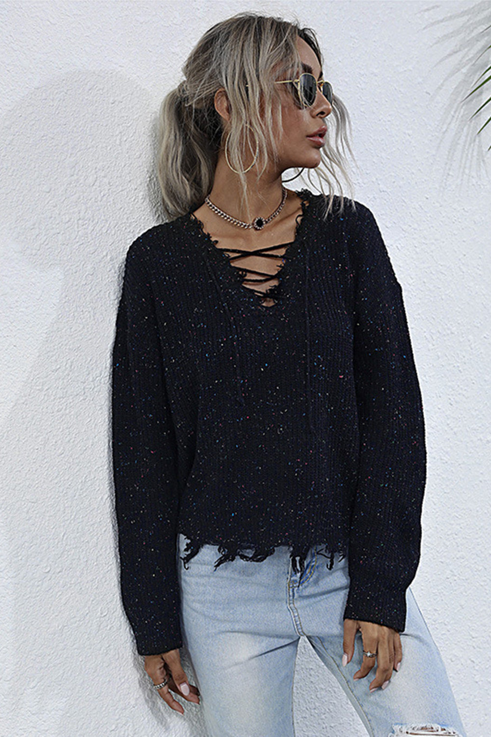 Long Sleeve Knit Loose V-neck Sweater