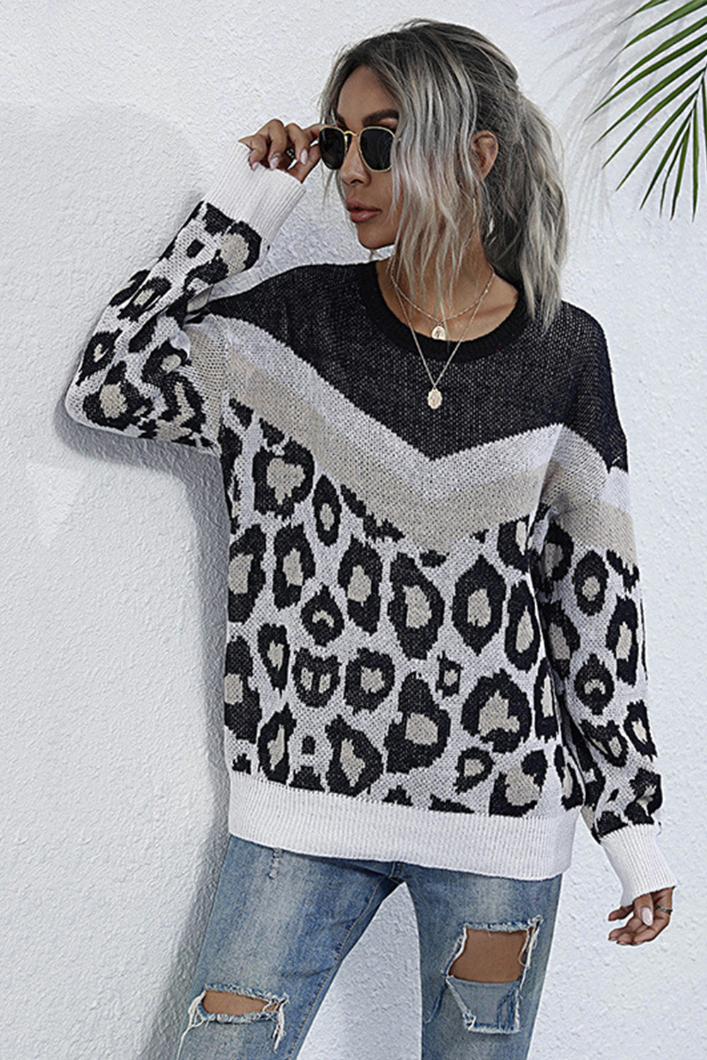 Leopard Print Stitching Long-sleeved Sweater