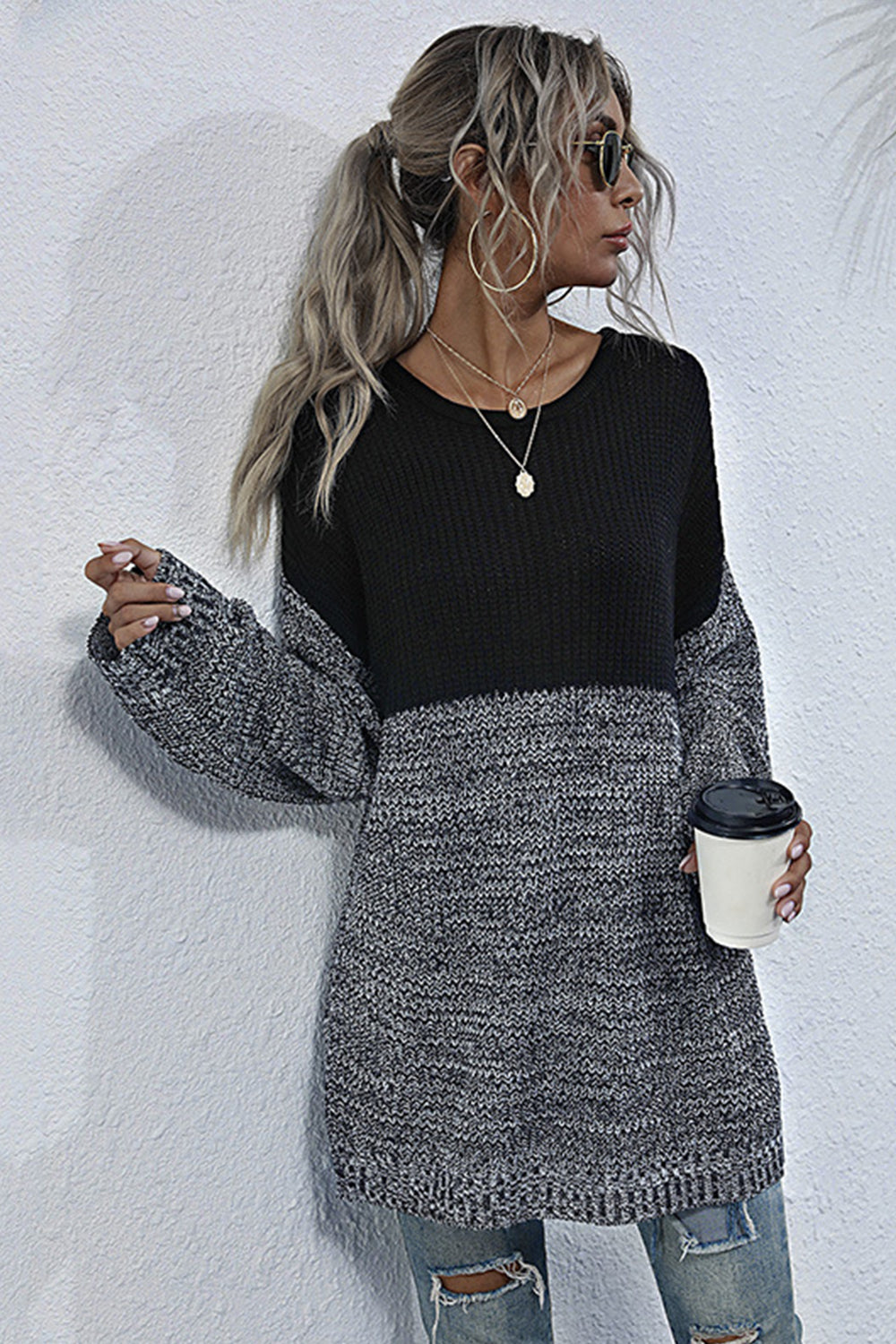 Round Neck Loose Stitching Sweater