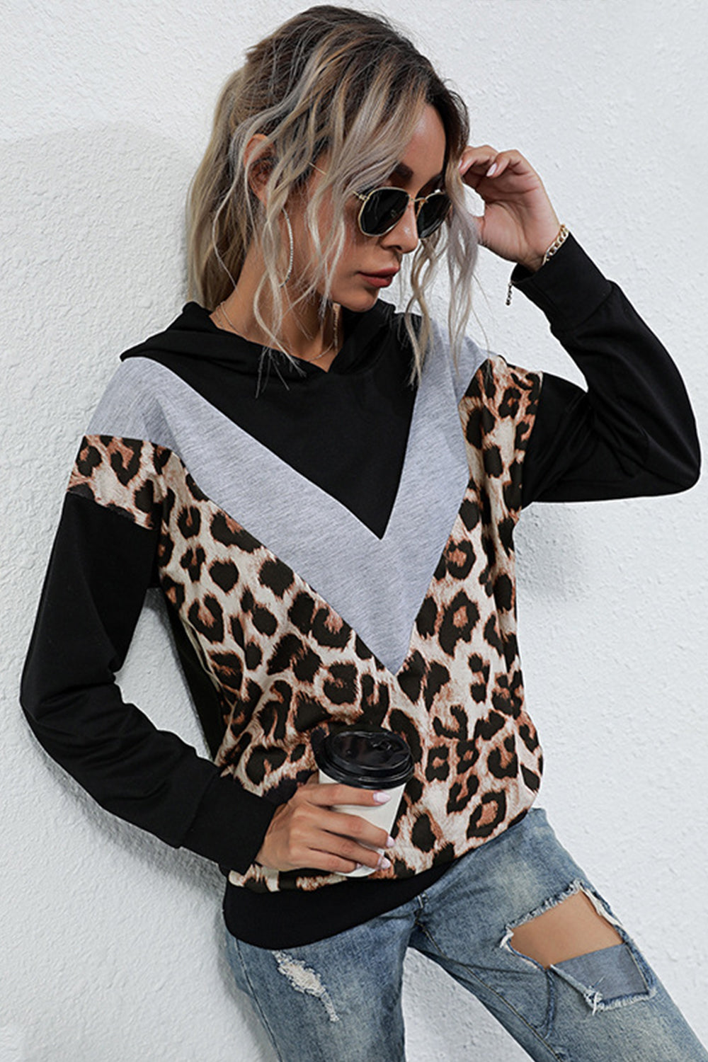 Leopard Print Contrast Stitching Long-sleeved Top