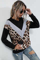 Leopard Print Contrast Stitching Long-sleeved Top