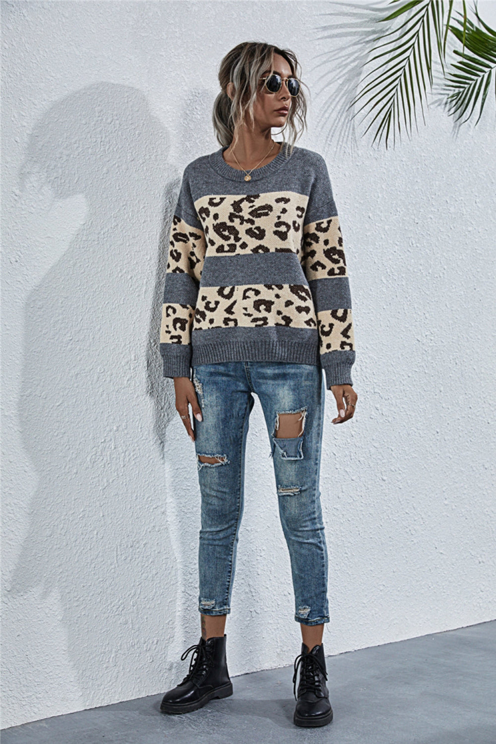 Crew Neck Leopard Print Sweater