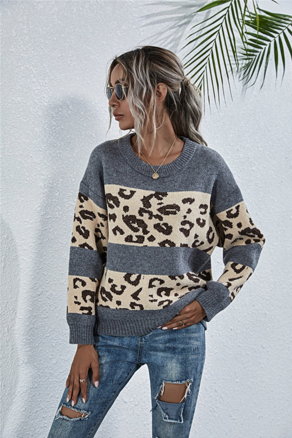 Crew Neck Leopard Print Sweater