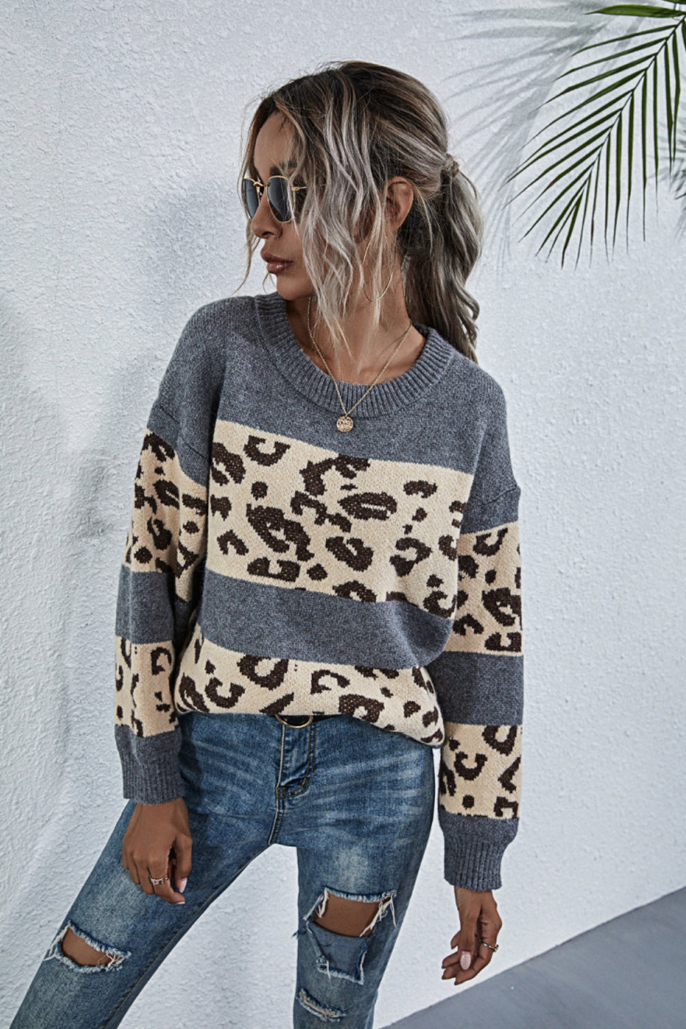 Crew Neck Leopard Print Sweater
