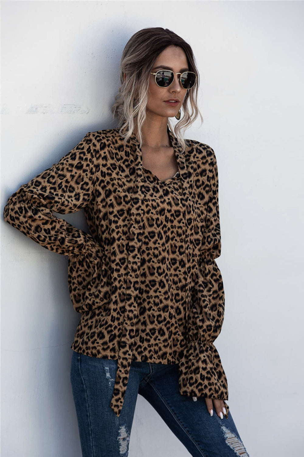 Leopard Lace Up Lantern Sleeve Blouse