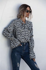 Leopard Lace Up Lantern Sleeve Blouse