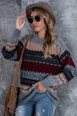 Rhombus Print Loose Long Sleeve Sweater