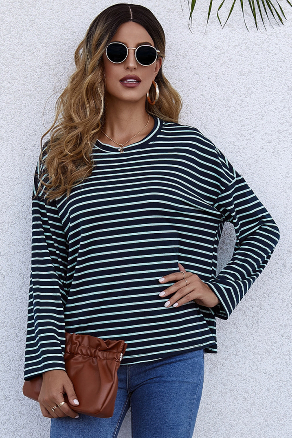 Long-Sleeve Loose Round Neck Striped T-shirt