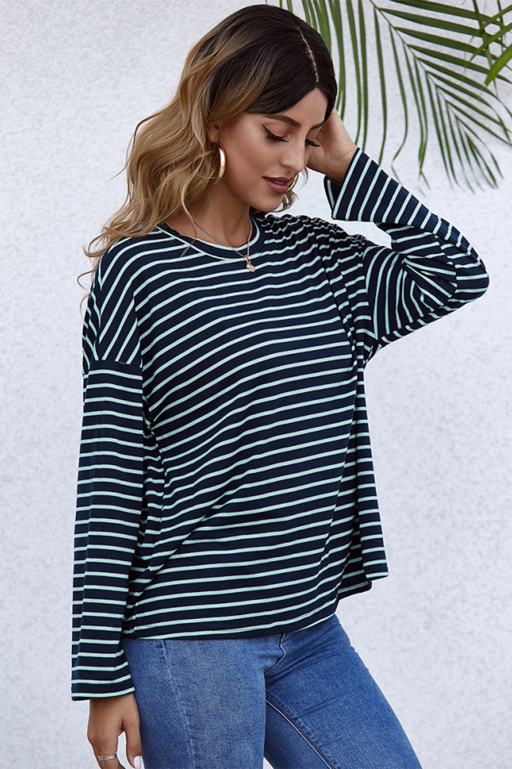 Long-Sleeve Loose Round Neck Striped T-shirt