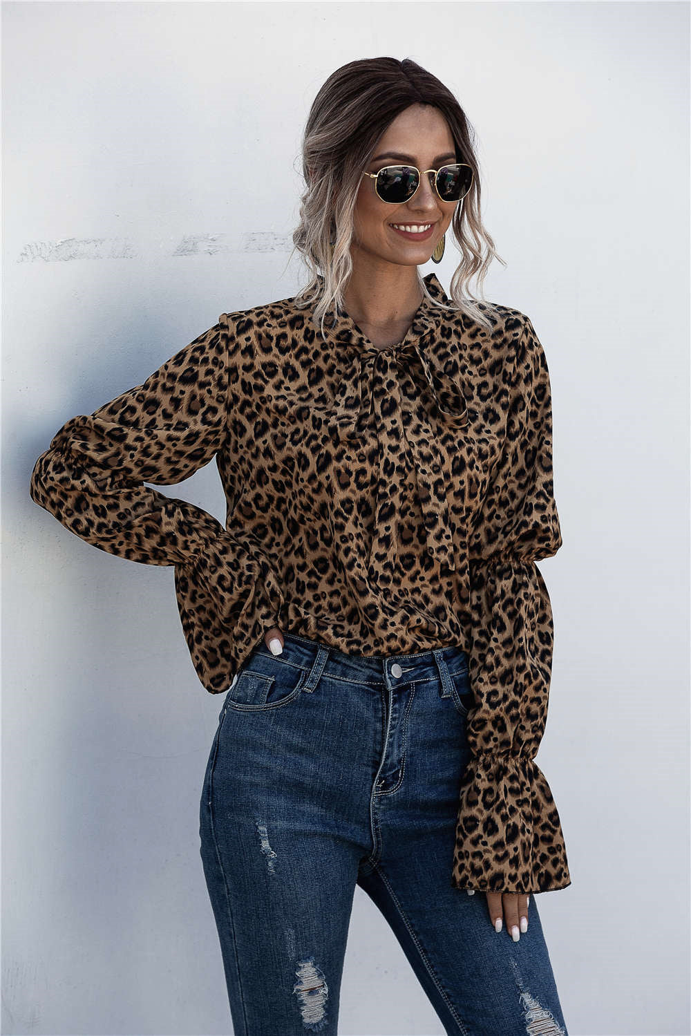 Leopard Lace Up Lantern Sleeve Blouse