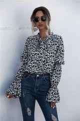 Leopard Lace Up Lantern Sleeve Blouse