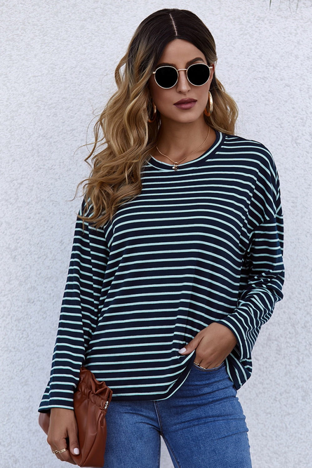 Long-Sleeve Loose Round Neck Striped T-shirt