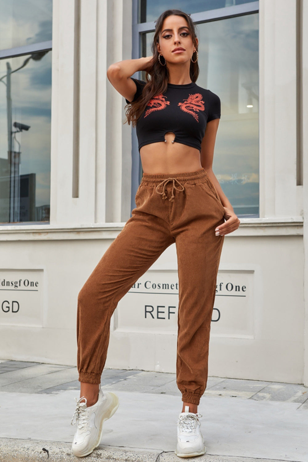 Corduroy High Waist Belt Trousers