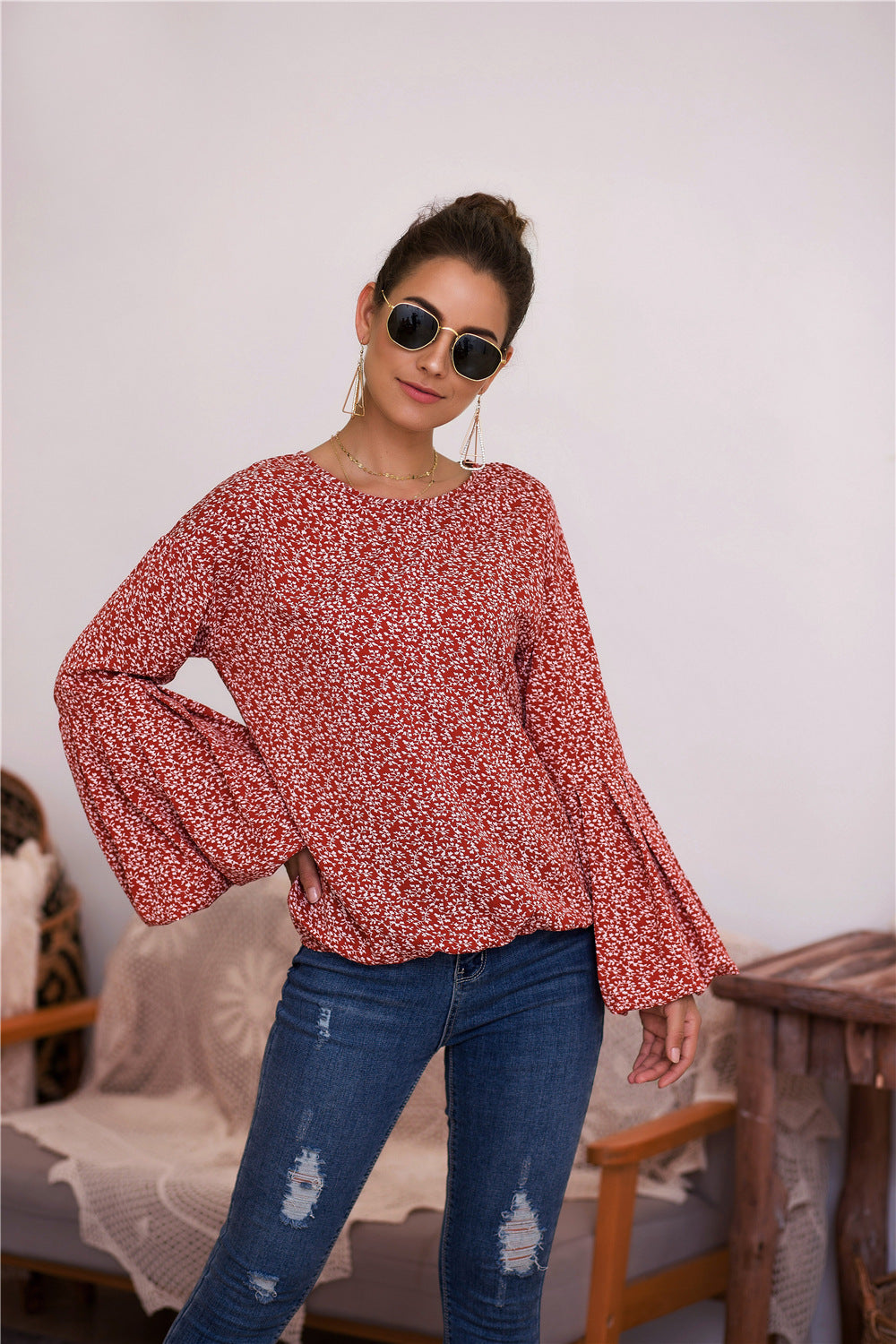 Bubble Sleeve Floral Print Top