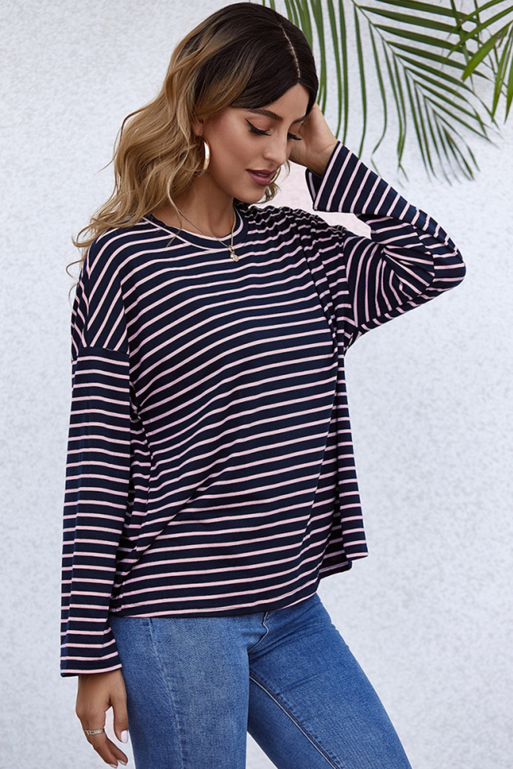 Long-Sleeve Loose Round Neck Striped T-shirt