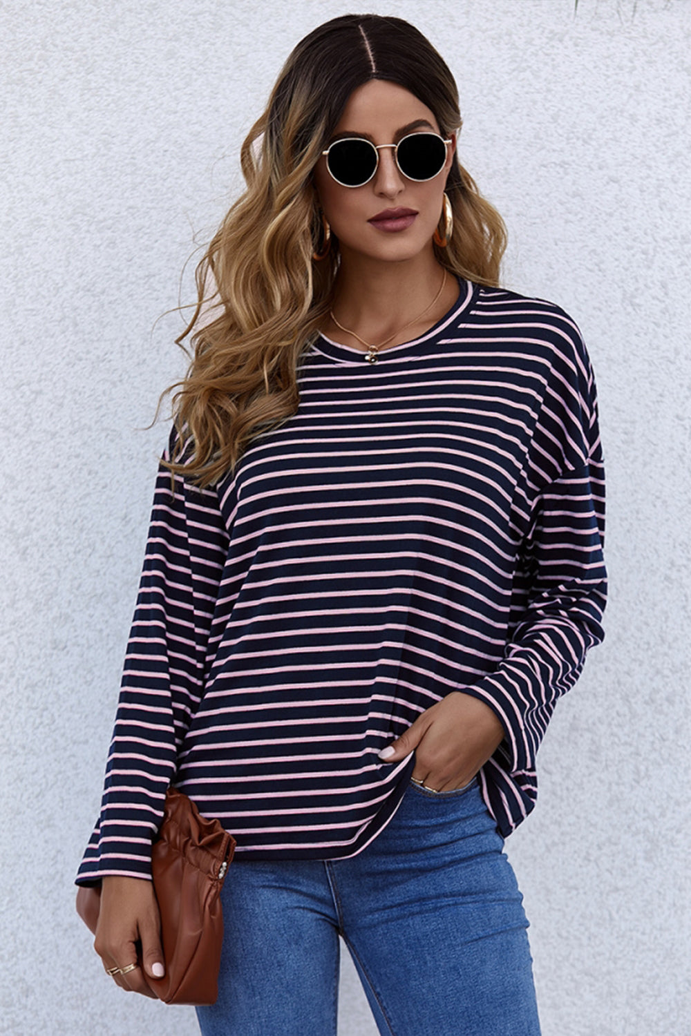 Long-Sleeve Loose Round Neck Striped T-shirt