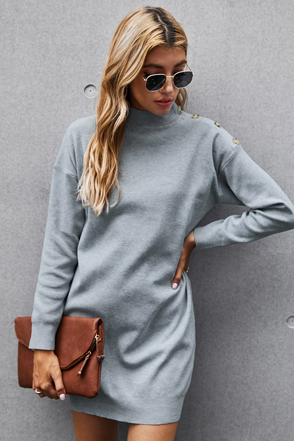 Button Solid Knit Dress