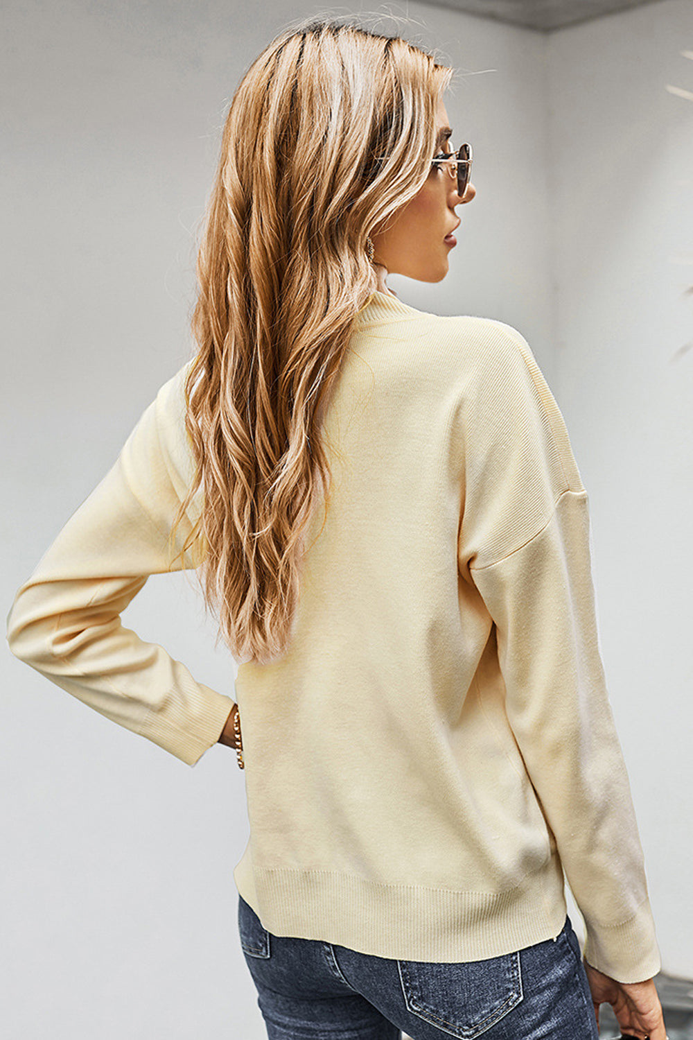 High Collar Button Solid Color Sweater