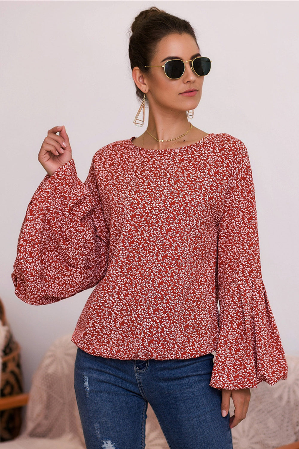 Bubble Sleeve Floral Print Top