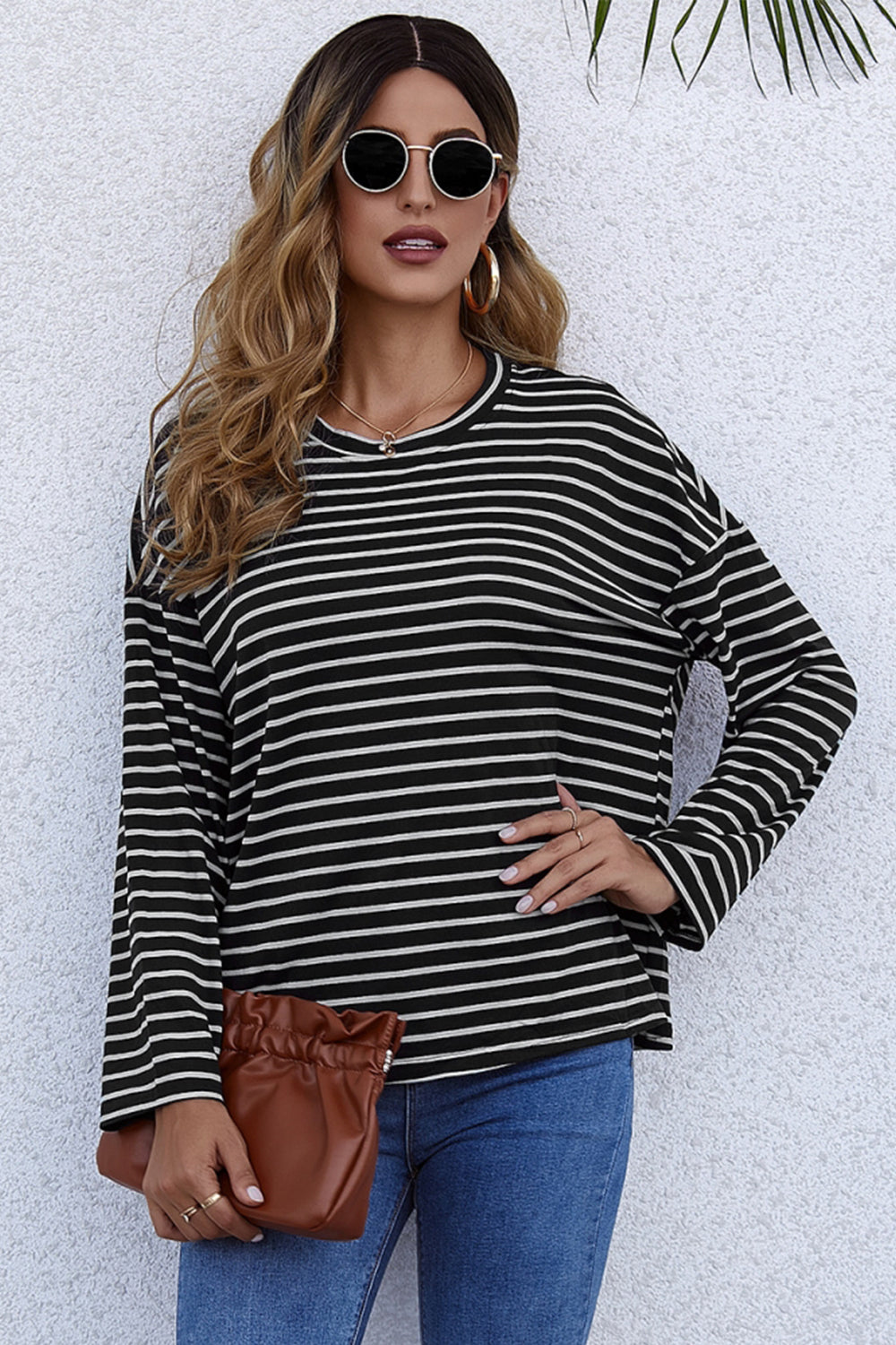 Long-Sleeve Loose Round Neck Striped T-shirt