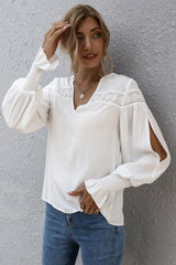 Lantern Sleeves V-neck Hollow Slit Blouse