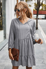 V-neck Striped Drawstring Long Sleeve Dress