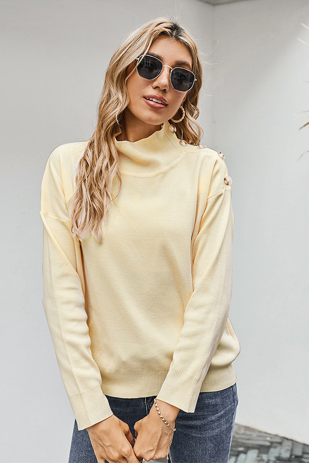 High Collar Button Solid Color Sweater