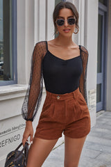 Corduroy High Waist Belt Short Trousers
