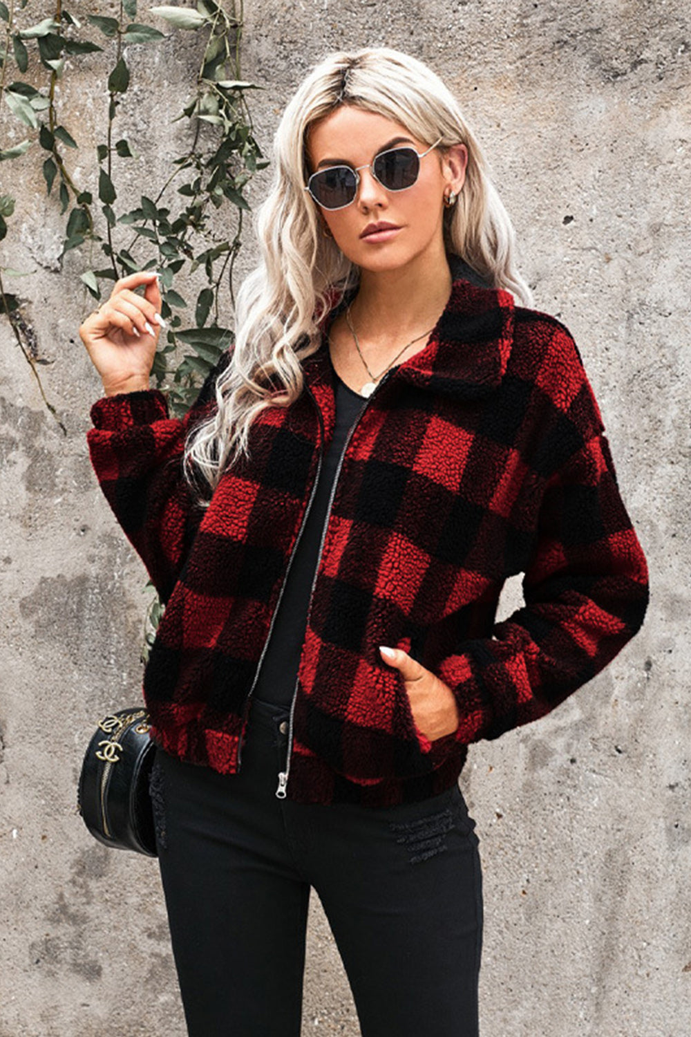 Zipped Pocket Lapel Plaid Plush Coat