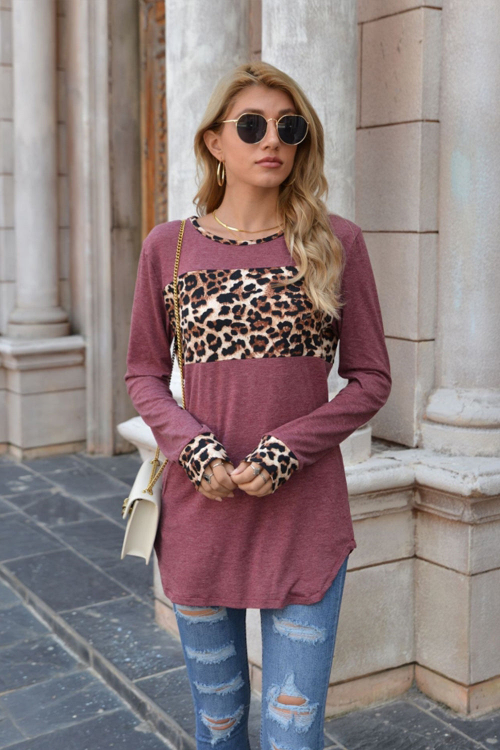 Leopard Print Stitching Round Neck Long Sleeve T-shirt