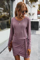 Drawstring Solid Color Long Sleeve Dress