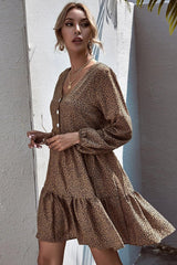 V-Neck Leopard Ruffle Long Sleeve Dress