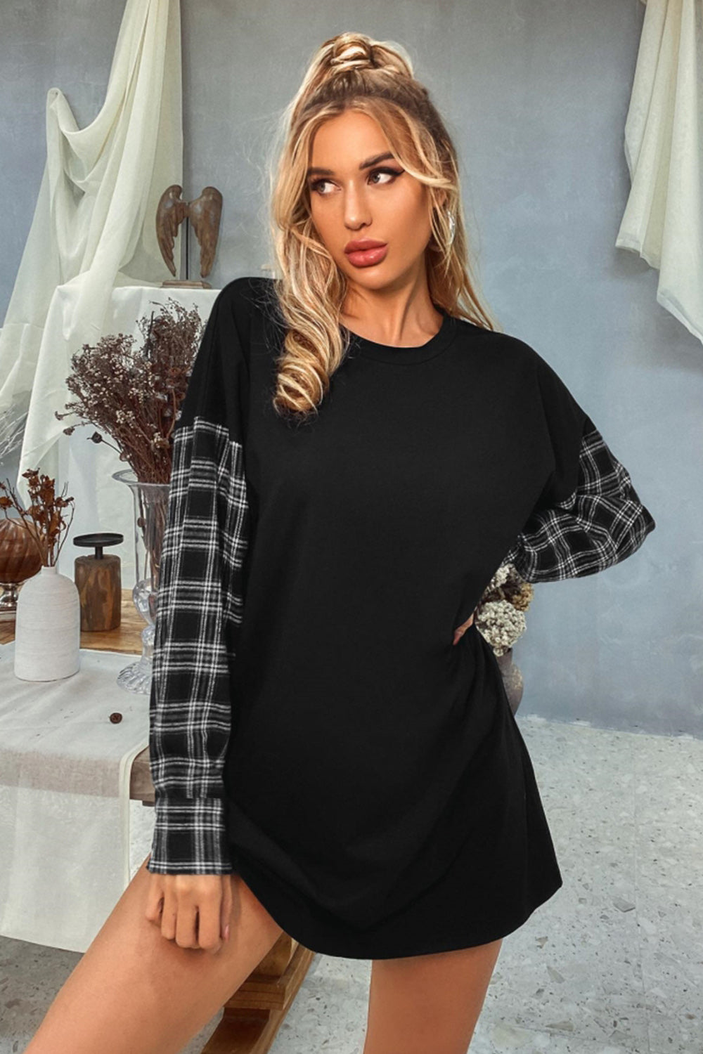 Round Neck Stitching Plaid Sweater Dress