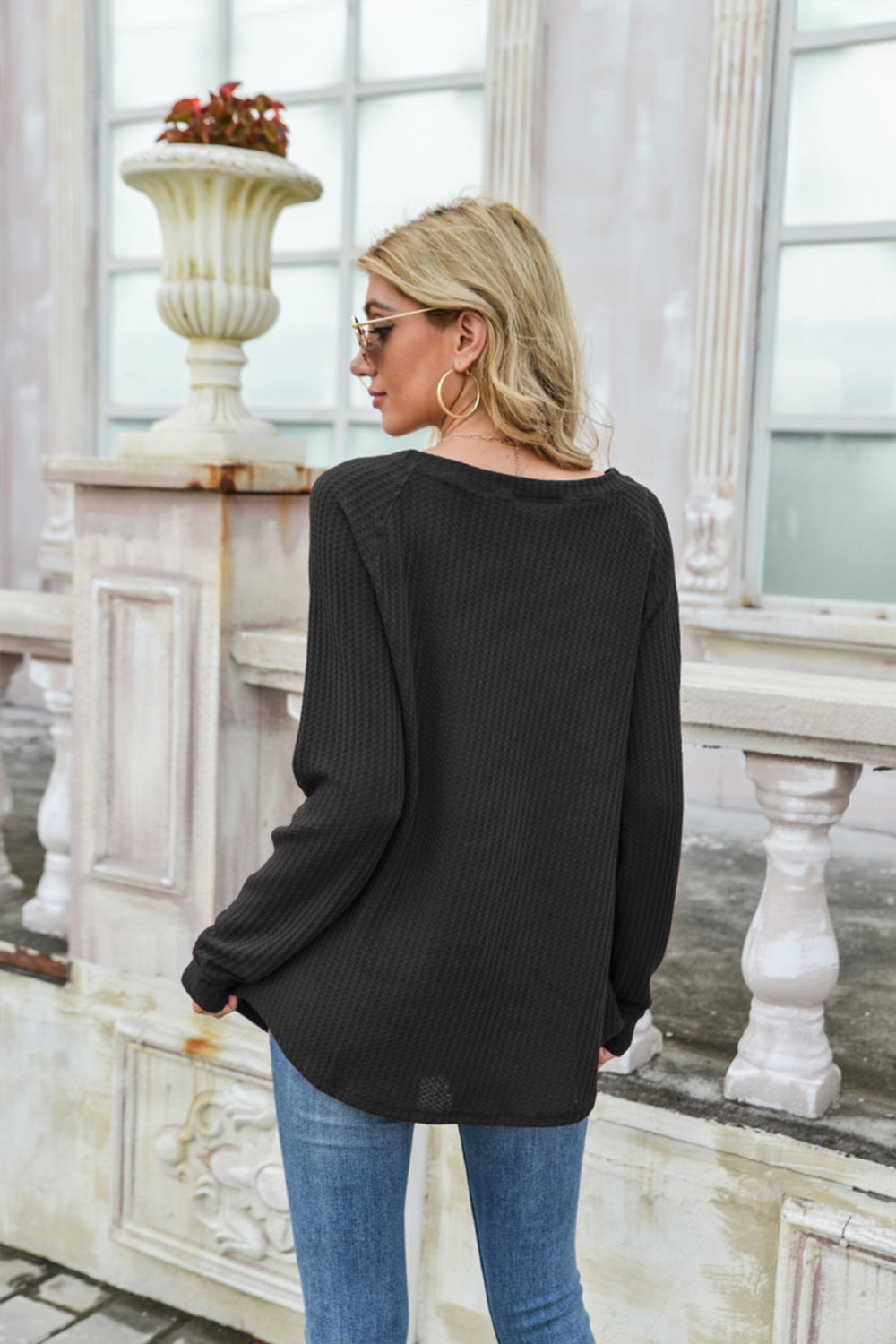 Waffle Long Sleeve One-shoulder T-shirt