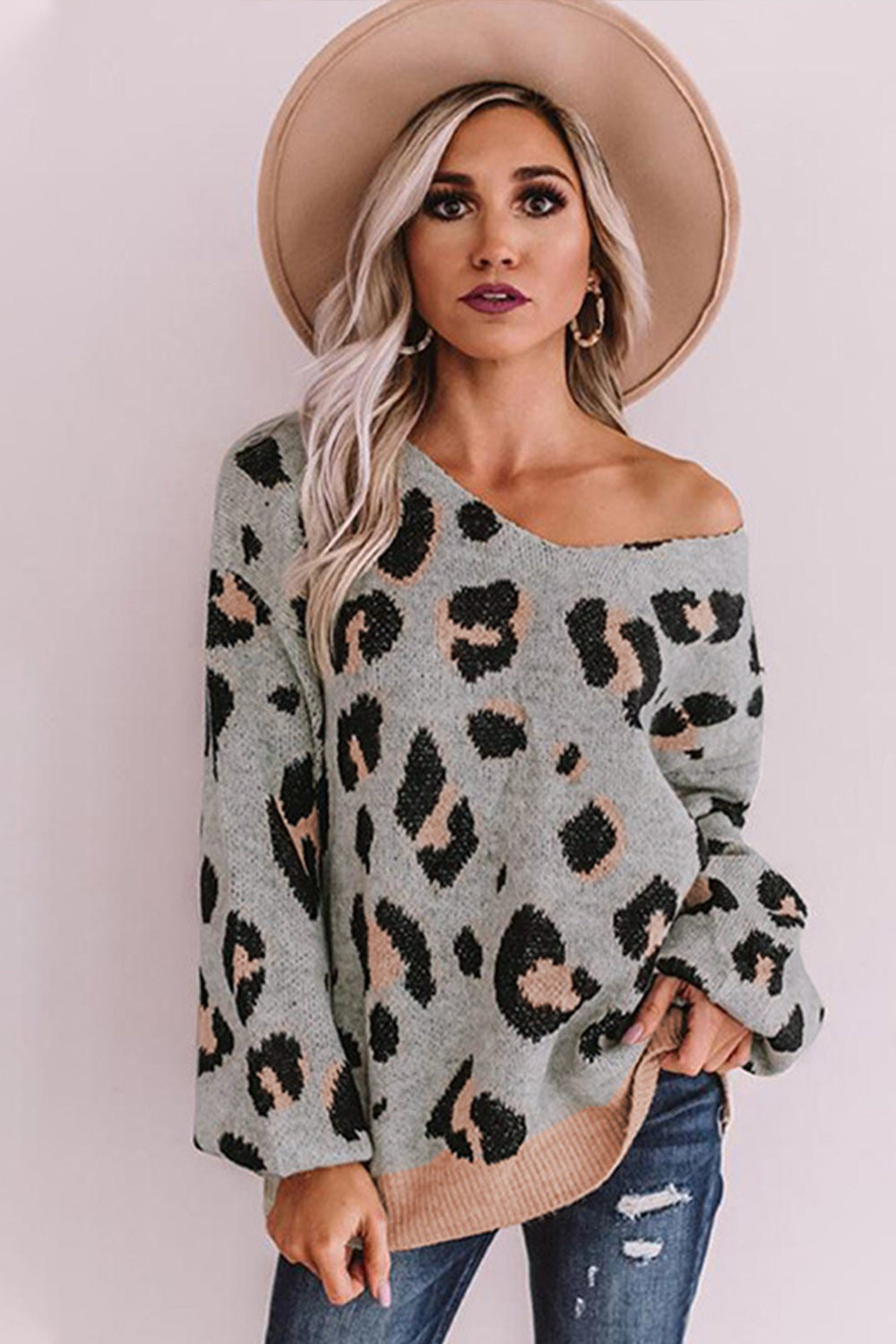 Leopard Print One-shoulder Loose Sweater