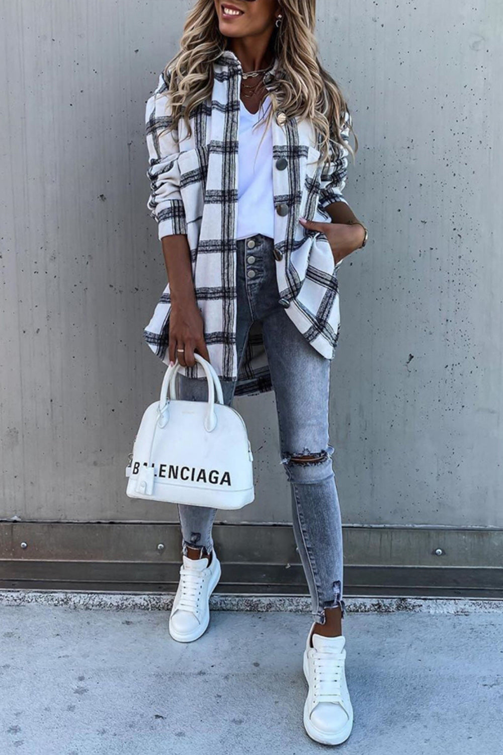 Pocket Plaid Long Sleeve Lapel Shirt