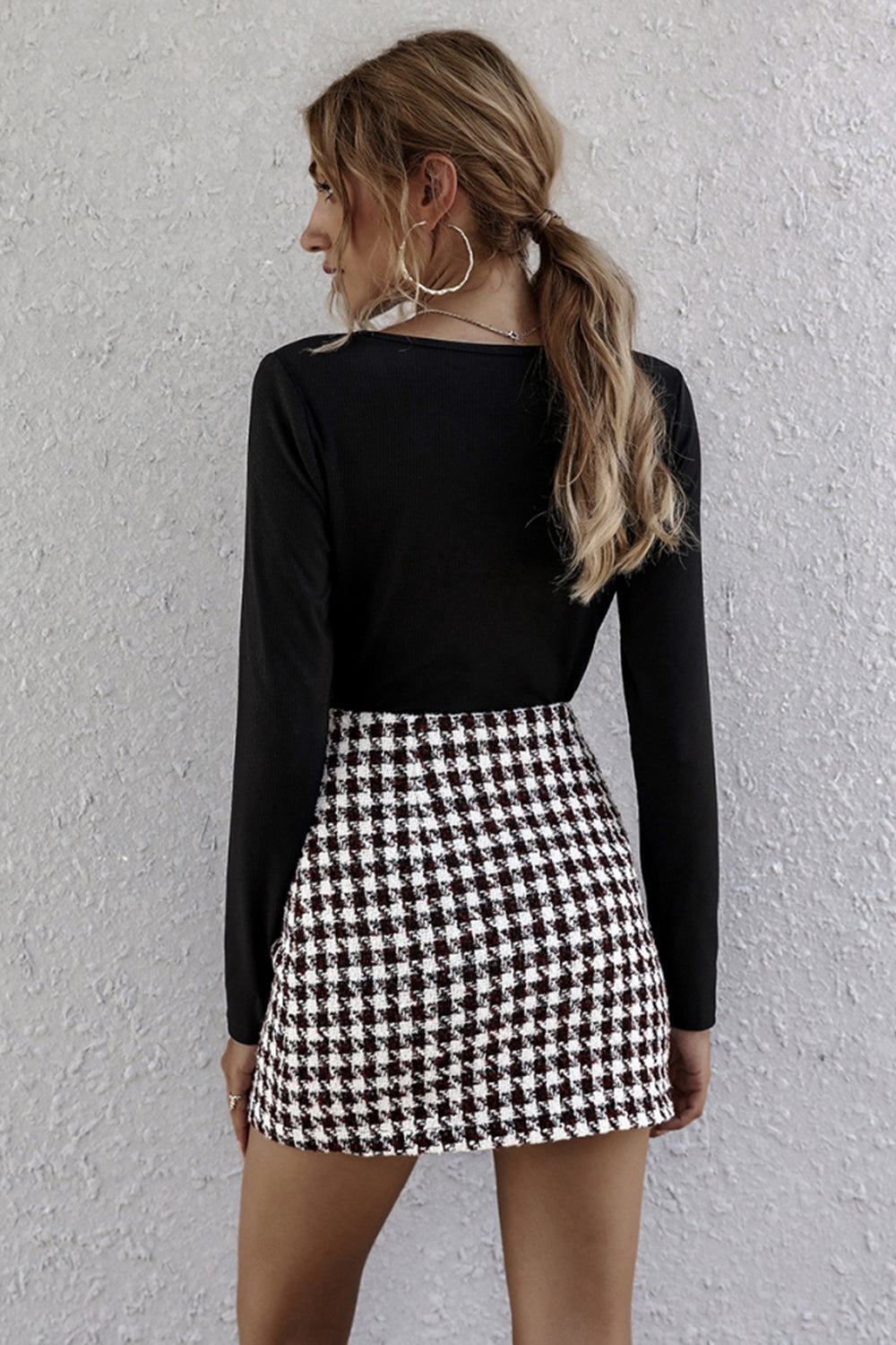 Plaid Pearl Stitching A-line Skirt