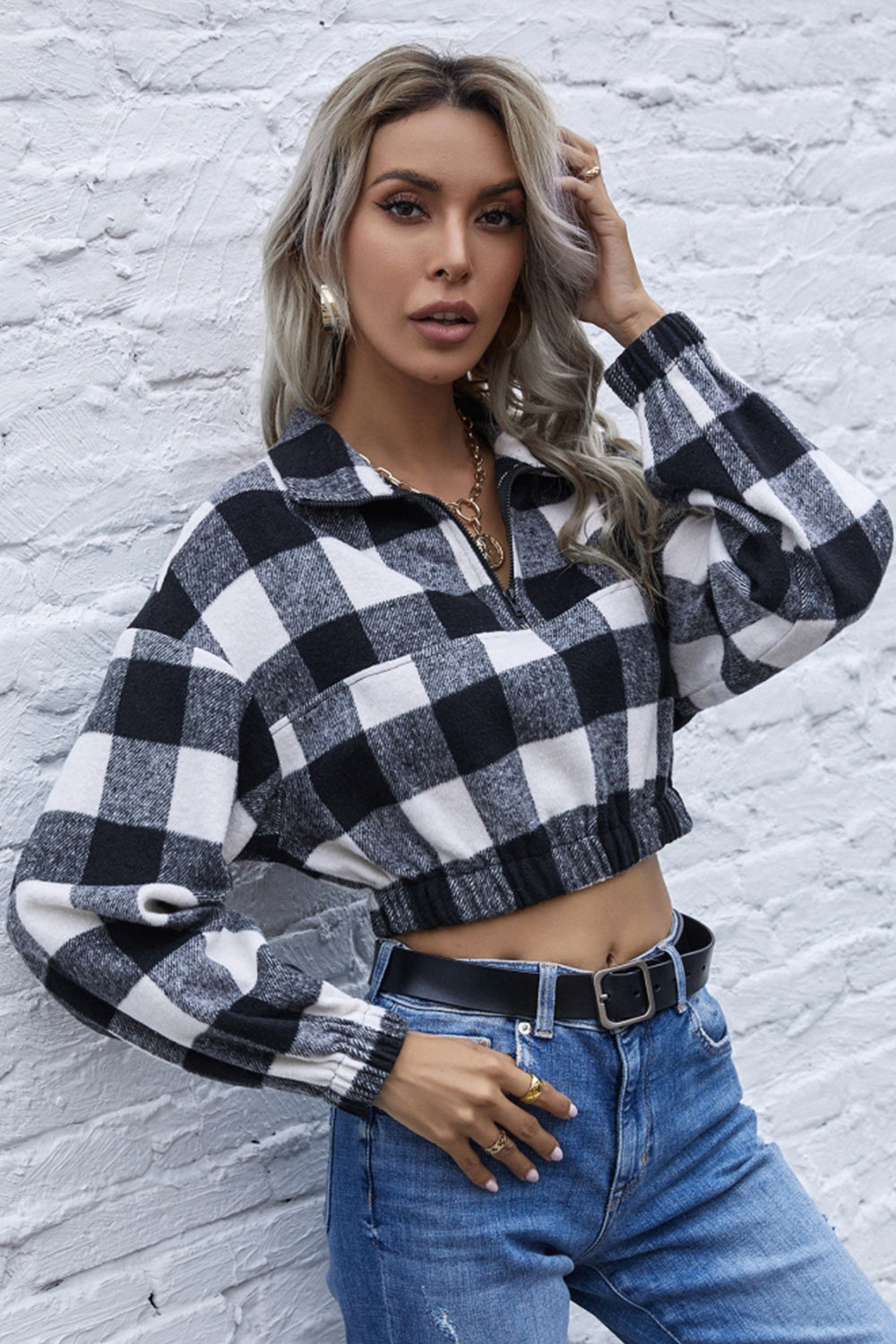 Navel Stripe Check Lapel Zipper Sweater