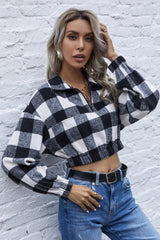 Navel Stripe Check Lapel Zipper Sweater