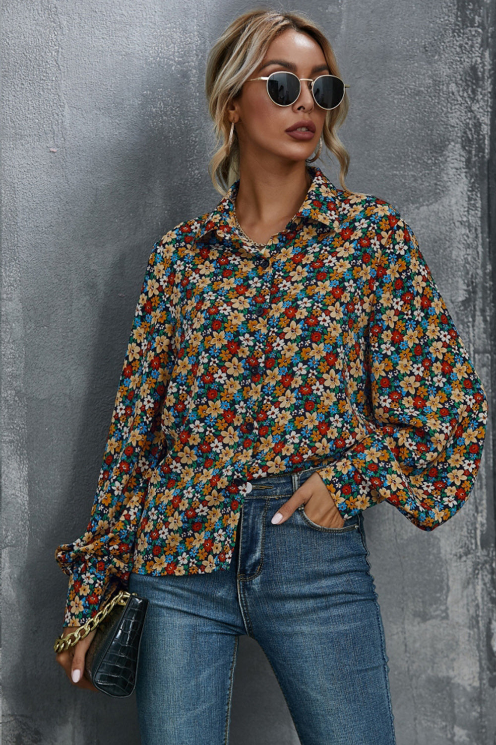 Flower Print Loose Long Sleeve Shirt