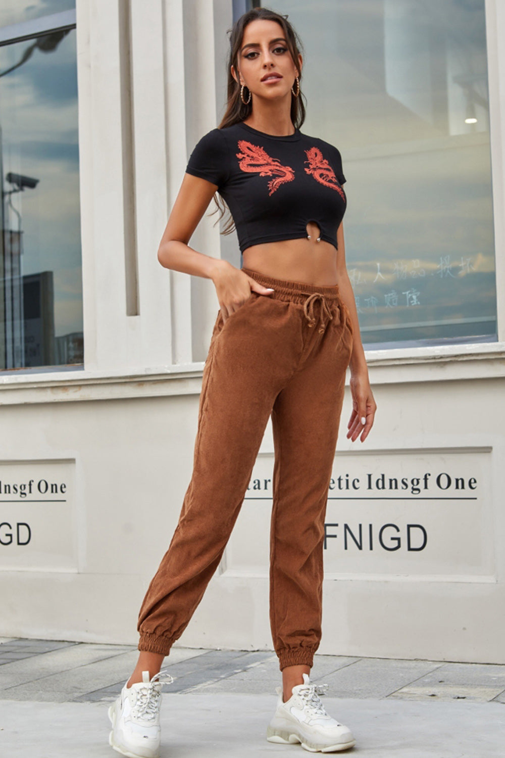 Corduroy High Waist Belt Trousers