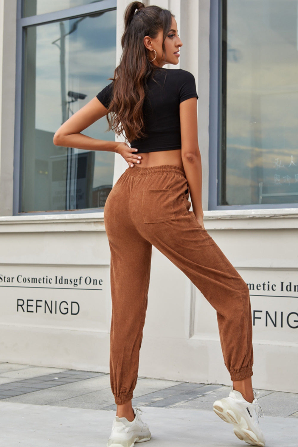 Corduroy High Waist Belt Trousers