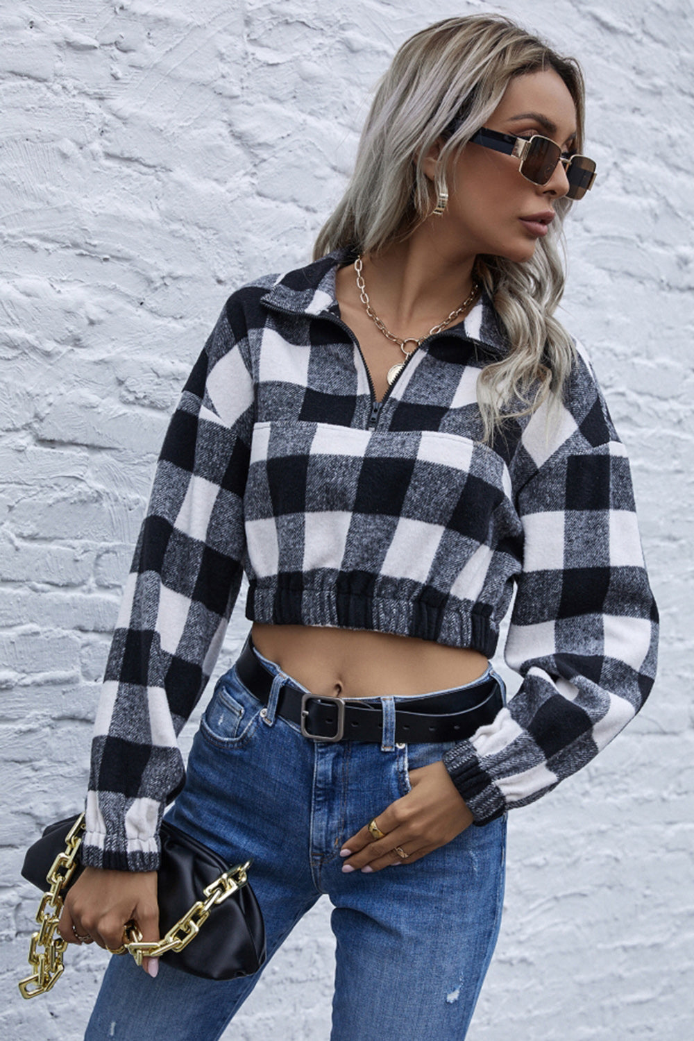 Navel Stripe Check Lapel Zipper Sweater