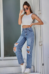 High Waist Ripped Denim Trousers